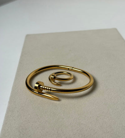 Nail Bangle Combo - Nail Bangle with Nail Ring Premium 18k Gold Plated Waterproof Tarnish Free Adjustable Size