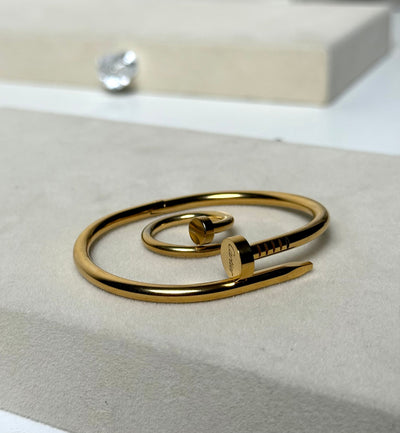 Nail Bangle Combo - Nail Bangle with Nail Ring Premium 18k Gold Plated Waterproof Tarnish Free Adjustable Size