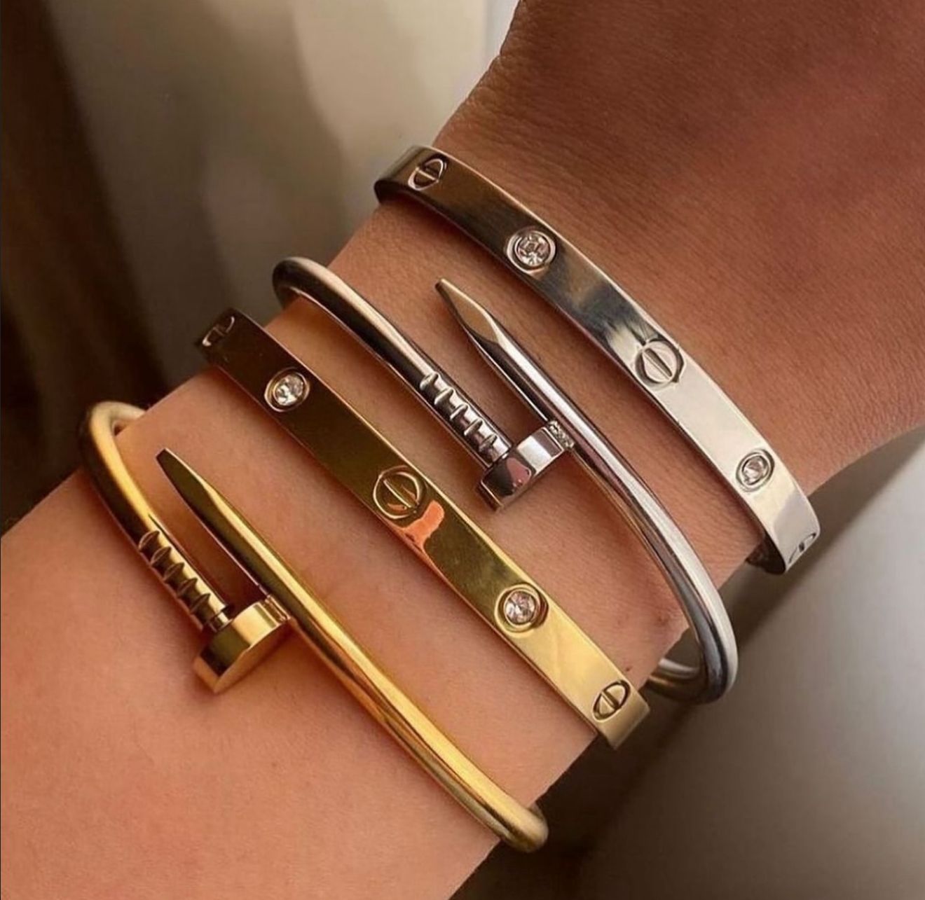 Stack of 4 Love Bangles Adjustable Size for All, Anti Tarnish Waterproof Hypoallergenic Gold Plated Silver Plated
