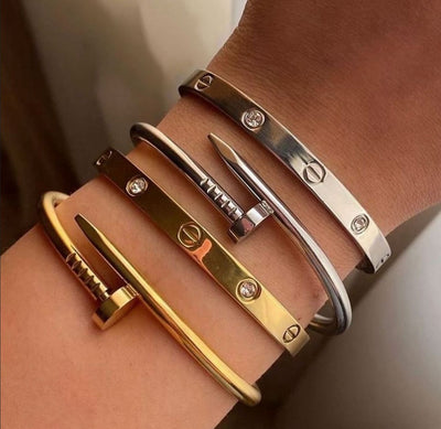 Stack of 4 Love Bangles Adjustable Size for All, Anti Tarnish Waterproof Hypoallergenic Gold Plated Silver Plated