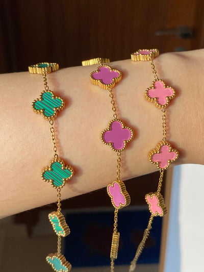 Set of 3 Clover Bracelets Pink Purple Green Waterproof Anti Tarnish 18k Gold Plated