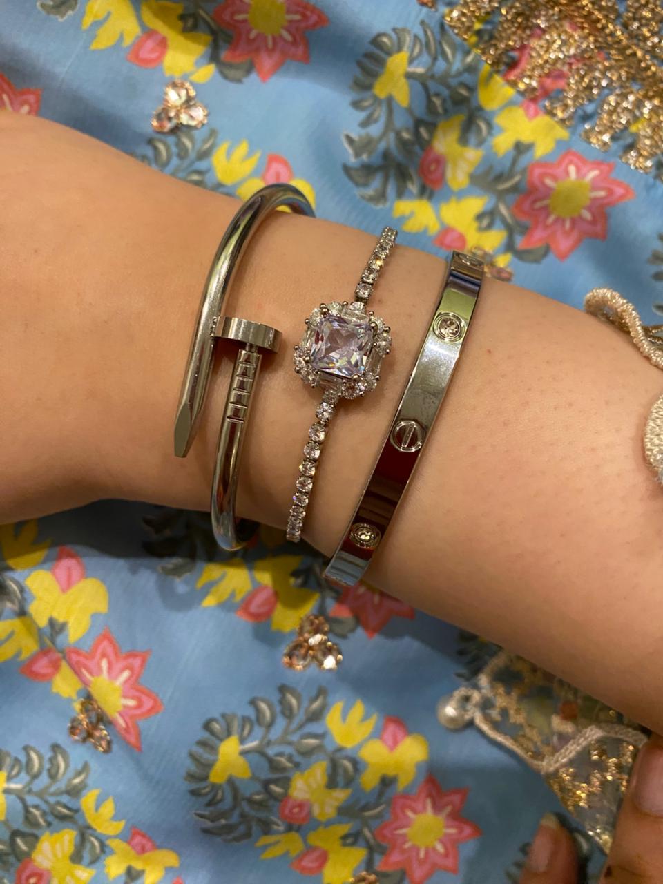 Stack of 3 Silver Luxury Pure Zircon Stainless Steel Waterproof Adjustable Size For All