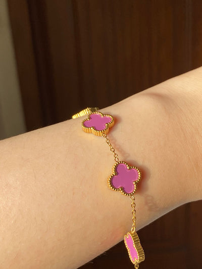 Set of 3 Clover Bracelets Pink Purple Green Waterproof Anti Tarnish 18k Gold Plated