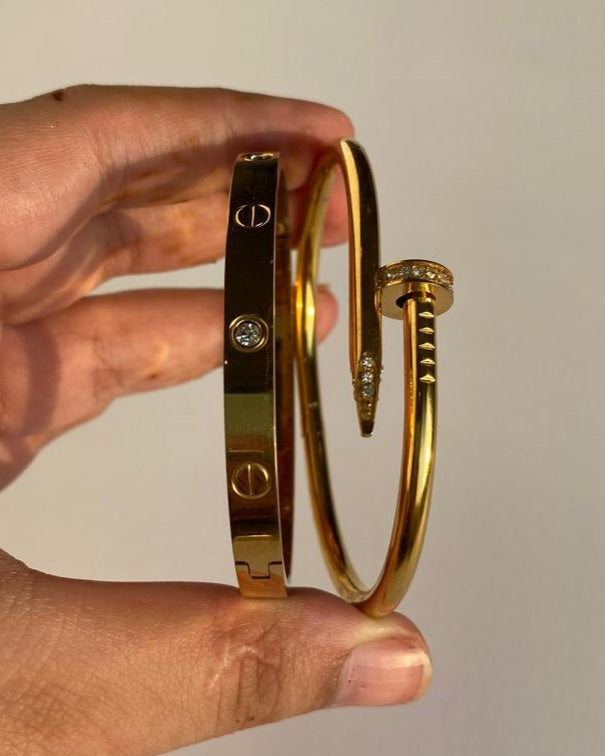 Love Bangles Stack of 2 - Half Studded Nail Bangle Turkish Imported Cartier Bangles Gold Plated Waterproof