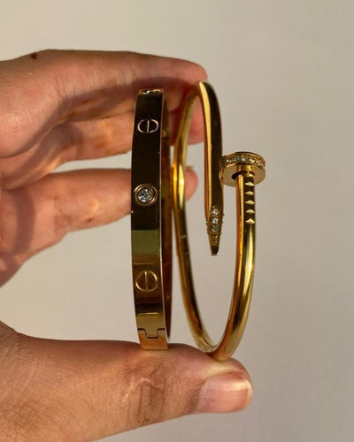 Love Bangles Stack of 2 - Half Studded Nail Bangle Turkish Imported Cartier Bangles Gold Plated Waterproof